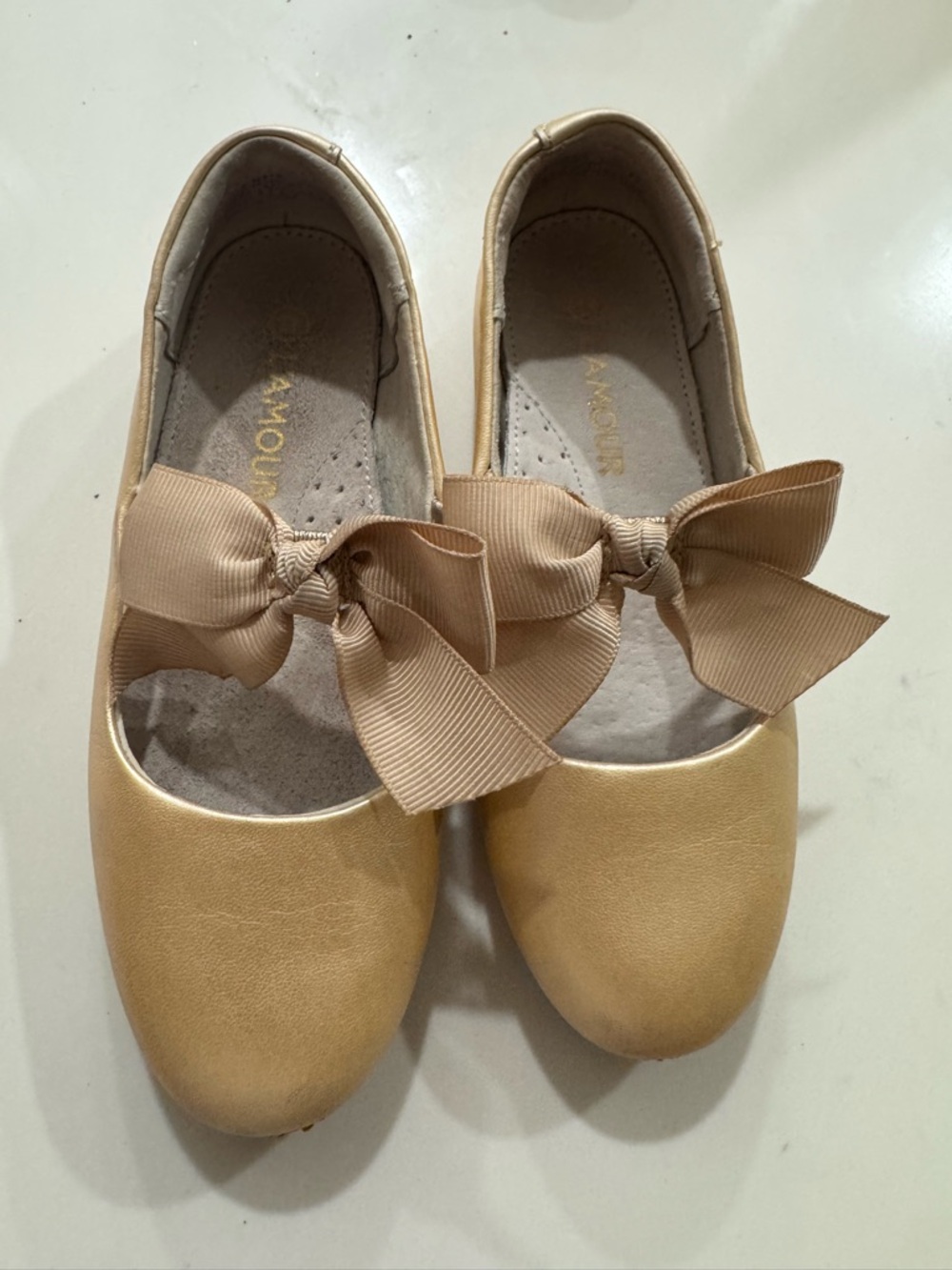 L'Amour Girls' soft champagne Bow Mary Jane Dress Shoes